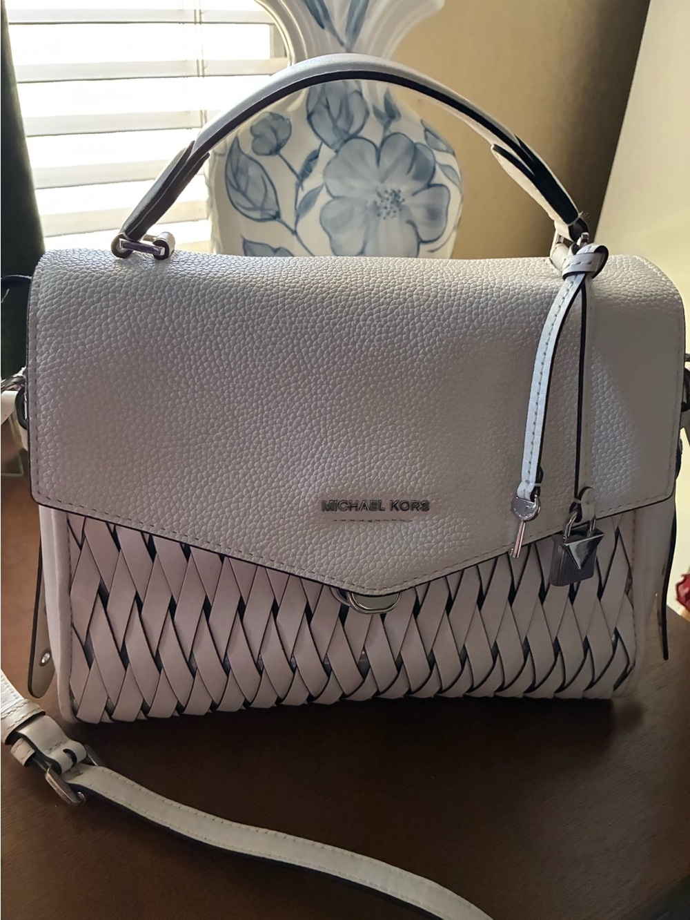 Michael Kors Woven Leather Top-Handle Satchel in Light Pink